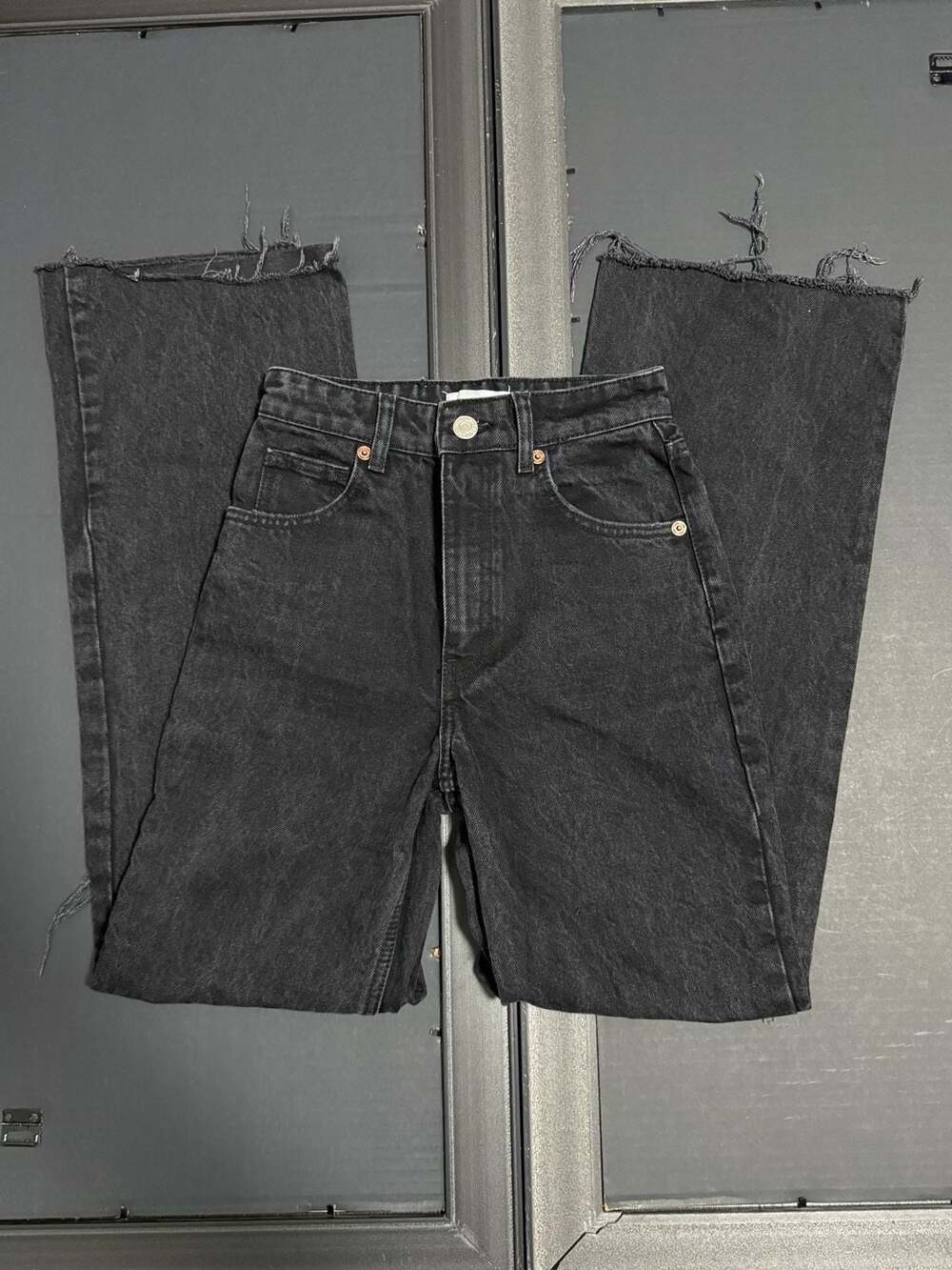 Zara High Rise Distressed Raw Hem Wide Leg Jeans